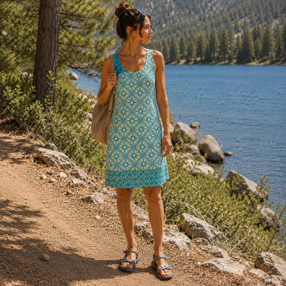 Title Nine Womens Blue Green Geometric Floral Asymmetrical Athletic Dress Medium
